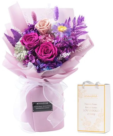 lovenfold Preserved Flowers for Delivery, Purple Rose Bouquets That Last 1-3 Years, Birthday Flowers Gifts for Women Mom Grandma Wife Friends