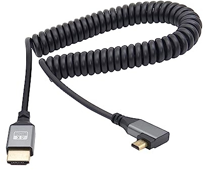 RIIEYOCA 90 Grad linker Winkel UHD 4K Micro HDTV Stecker auf HDTVS Stecker 18Gbps Extender Spiralkabel Unterstützt 4K@60Hz,1080p,ARC,3D,dehnbar auf 1M/3.3FT