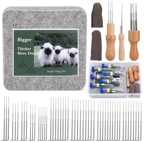Deudy Filzen Starterset 66 Stück Nadelfilzwerkzeuge, Filzen Set Erwachsene | Filznadeln Set mit 4 Größe Filzwolle Nadeln Holzgriff Filzunterlage, Starter Set für Anfänger Profis Filznadelprojekte
