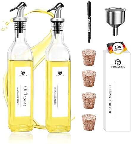 SIAZIH 2 Aceitera Antigoteo de 500 ml con Pico Vertedor (Dosificación de Control), Aceitera Cristal con 10 Etiquetas de Bricolaje Blancanieves, Dispensador de Aceite, Listo para Condimentar en la Mesa