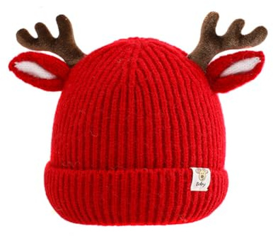 iSpchen Baby Wintermütze Jungen Mädchen Warmer Strickmützen Weicht Baumwolle-Futter mit Geweih Winter Babymütze Neugeborene Mütze Beanie Baumwolle Unisex Erstlingsmütze 8 Monate-4 Jahre alt Rot