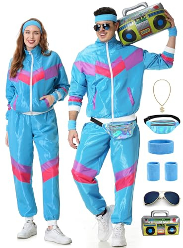 KUKIKUKI 80er/90er Jahre Outfit für Herren & Damen, Tracksuit Sportbekleidung, Streetwear Trainingsanzug Jogginganzug für 80er Jahre Outfit - Blau-L