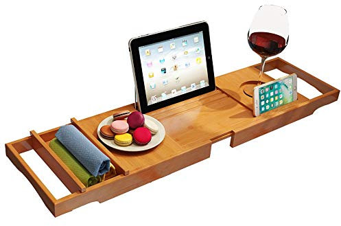 asdchZen Tablett-Weinregal, Premium-Bambus-Badetablett-Regal, Wunderschöner Ausziehbarer Badewannen-Caddy Mit Weinglashalter Und Ipad-Halter/Buchablage, 75–109 cm X 23 cm (Natürlich)