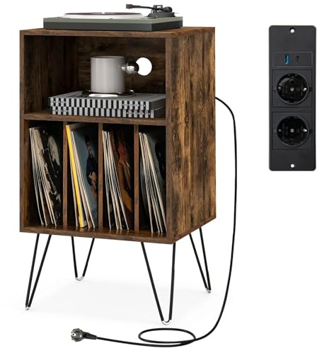 COSTWAYGiradischi Vintage Stand di Legno, Tavolino 3 Livelli con 5 Scomparti di Archiviazione Record in Vinile, Gabinetto del Supporto in Vinile per Soggiorno e Camera da Letto (Marrone Rustico)