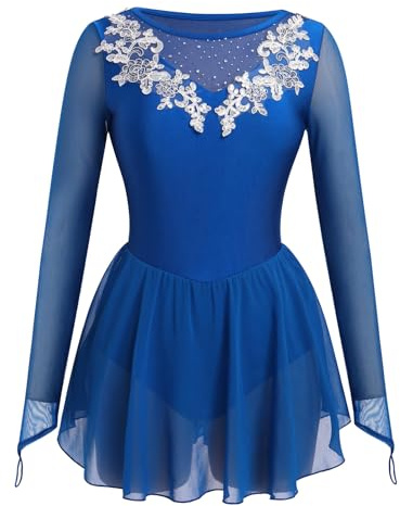 Odasod Eiskunstlaufkleid für Damen, Strass-Stickerei, Netzstoff, langärmelig, Gymnastikanzug, Wettkampf, Übung