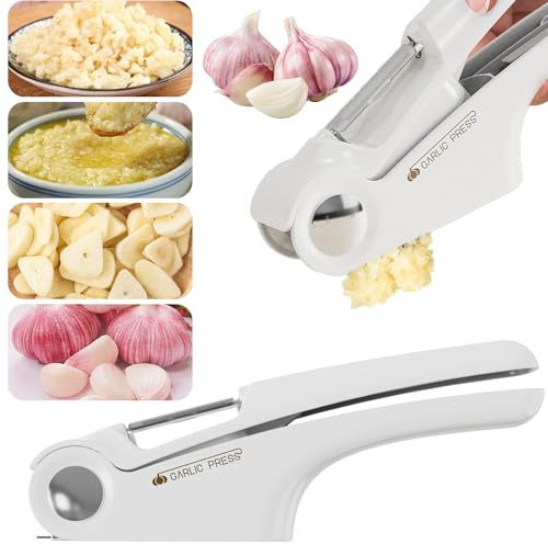 AIDOWU Prensador de ajo multifuncional de cocina, 4 en 1, exprimidor de ajos, picador de ajos, pelador y abrelatas de mano con mango ergonómico, exprimidor de ajos fácil de exprimir