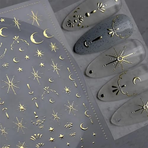 GlamRays Mond Stern Nagelkunst Kleber - 1 Stück 3D Gold Verzierte Nagelkleber für Nagelkunst, Selbstkleben Luxus Nagelabzüge für Frauen Mädchen Nageldesign, Maniküre Dekoration