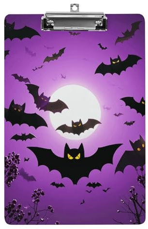 Porte-bloc robuste et léger en acrylique avec chauve-souris volantes violettes - Format A4 - 21,6 x 31,8 cm - Porte-bloc de bureau avec clip en métal discret - Joli porte-bloc à suspendre pour le