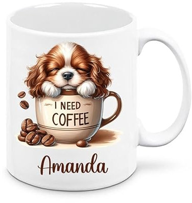 Mr. Gadgets Tazza in Ceramica 350 ml con disegno Cane In Tazzina I Need Coffee- Personalizzabile con nome (Cavalier King)