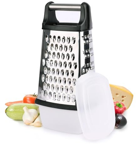 MiCasa SuCasa Reibe mit Behälter – 4-seitige Vierkantreibe aus Edelstahl mit Auffangbehälter – Küchenhelfer für Haushalt: Küchenreibe, Schneider, Raspeln & Zestenschneider – Langlebige Handreibe