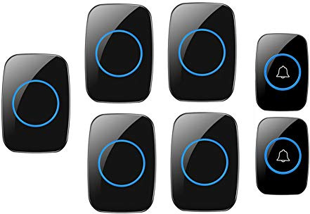 WOTZOV Timbre inalámbrico LED Resistente al Agua para el hogar, Timbre de Puerta de Largo Alcance de 1000 pies, 2 Botones + 5 receptores, 36 Tonos de Llamada, 4 Niveles de volum,Negro