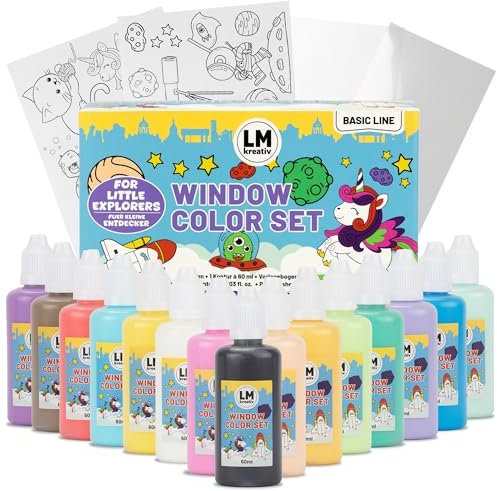 LM-Kreativ Window Color Set – Kleine Entdecker, 15 Fenstermalfarben á 60 ml, inklusive Konturenfarbe Schwarz, 14 fantasievolle Vorlagen, für kreative Fensterbilder und Bastelspaß