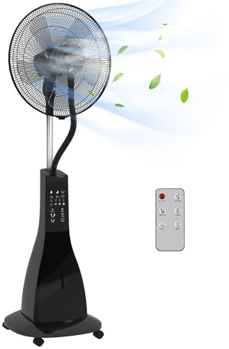HOMCOM Ventilador Nebulizador de Agua 90 W con Mando a Distancia Ventilador de Pie Oscilante Temporizador Tanque 3L 3 Velocidades 5 Aspas y Pantalla LED Ø44,5 cm Negro