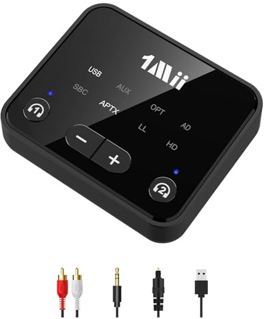 1Mii B06T6 Bluetooth 5.3 Audio Transmitter Sender für TV, aptX Low Latency/HD/Adaptive, Dual Link für 2 Kopfhörer, Optisch/USB/AUX/RCA Audio Adapter, bis zu 30 m Reichweite