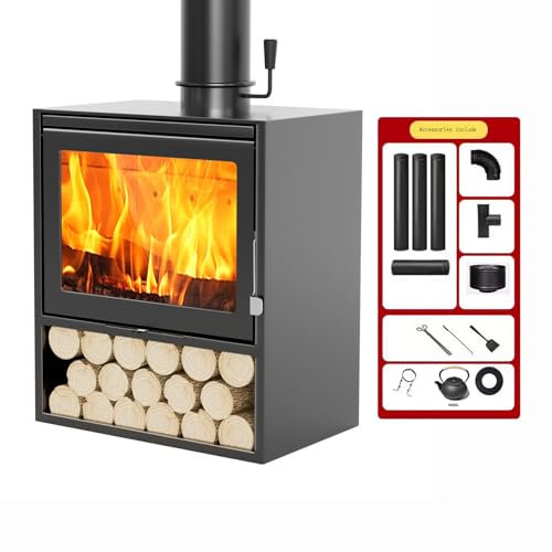 Estufa de leña de hierro fundido resistente con ventana de vidrio de cerámica, calentador de chimenea interior para un calentamiento eficiente de la habitación (85 x 60 x 49 cm)