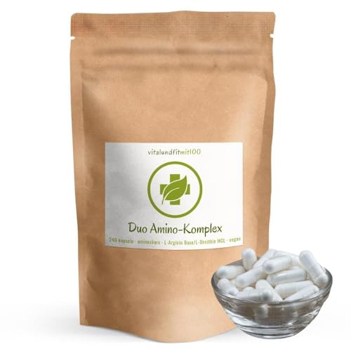 Duo Amino-Komplex: L-Arginin Base + L-Ornithin - 240 vegane Kapseln - hochdosiert mit 2500 mg pro Tag - im Verhältnis 1:1 - pflanzliche Fermentationsgewinnung - ohne Hilfs- und Zusatzstoffe
