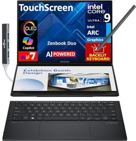 ASUS Zenbook Duo ux8406 AI Powered 2-in-1 Laptop 14.0 Touchscreen OLED 3K 120Hz Display (Intel Ultra 9-285H, 32GB LPDDR5X, 4TB PCIe SSD, Active Pen, Backlit KB, Win 11 Home) w/DKZ USB Port Expander