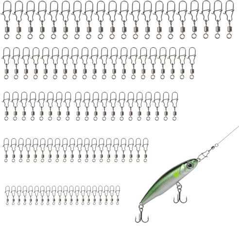 QingCming 100 Pièces Emerillons de Pêche Haute Résistance en Acier Inoxydable 4# 6# 8# 10# 12#, Connecteurs Pêche à roulettes, Résistants à la Corrosion pour la Pêche en Mer, Truite, Carpe et Brochet