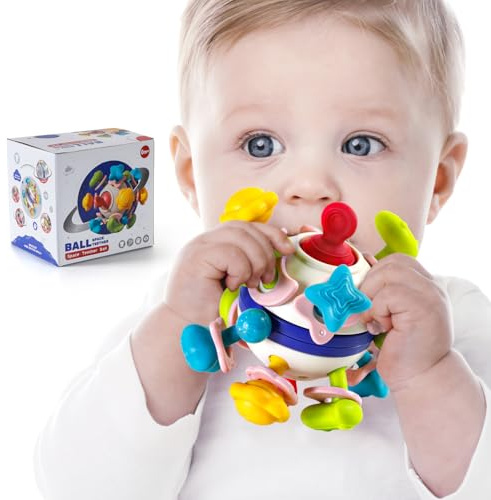 Baby Teething Rattle Toy - BPA-Free Sensory Teether Activity Ball for 0-3-6-9-12 Months, Montessori Early Educational Gift for Infants | Christmas & Birthday Present for Boys Girls