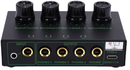 Fockety 4 Channel Headphone Amplifier, USB Power Supply Port Knob Volume Adjustment Stereo Headphone Amplifier Metal Stereo Audio Amplifier Mixer for Recording