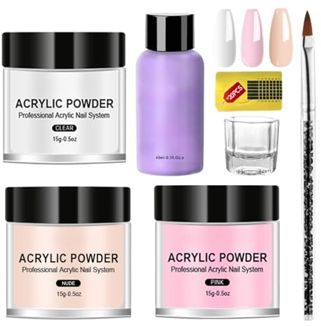 Acrylic Nail Kit Large Capacity Set,3 Colors Pink Nude Clear Acrylic Powder and Liquid, Nails Extension for Beginners with Nail Art Brush,20PCS Nail Forms,Glass Cup