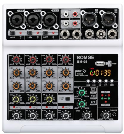 BOMGE Audio Mixer, Sound Board Mischpult mit 5-K Digital USB Bluetooth Echo Verzögerungseffekt, 48 V Phantomspeisung, Stereo DJ-Mixer für Aufnahme, Live-Streaming, Podcasting (BM-05-W)