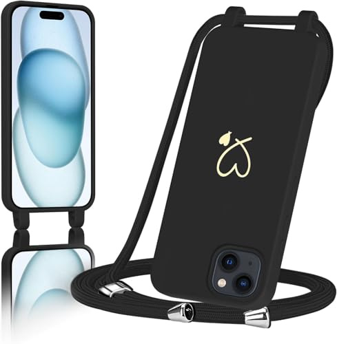 AoozeFon Handyband für iPhone 15 Hülle mit Band,Handyhülle Silikon mit Goldenem Herzmuster für iPhone 15,Abnehmbare Stoßdämpfend Handytasche mit Nylon-Lanyard，Schwarz