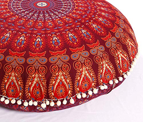 Popular Handicrafts Bodenkissenbezug – Hippie-Mandala-Kissenbezug groß mit Pompons weichen Partikeln – Pouf Bezug rund böhmische Yoga-Dekoration, 81,3 cm, Kastanienbraun