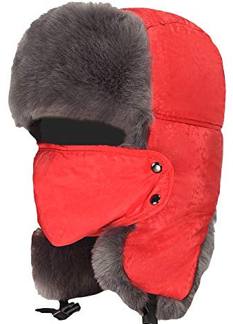 Ommda Wintermütze Ohrenklappen Winddicht Warme Fliegermütze Herren Damen Erwachsene Fellmütze mit Maske Kunstfell Russisch Hut für Outdoor,Rot A,Freie Größe Kopfumfang: 56-61cm