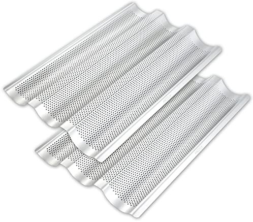AYCCNH Paquete de 2 moldes de acero inoxidable para baguette francés, moldes perforados para hornear de 15 x 10 pulgadas, bandeja de horno tostador de 3 ondas