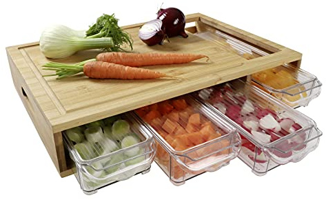 HeRo24 Bambus Schneidebrett mit 4 Auffangschalen – großes Küchenbrett aus Bambus, messerschonend & hygienisch – Schneidbrett mit integrierten Behältern für Gemüse, Fleisch & Meal Prep