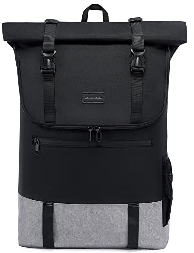 LOVEVOOK Rucksack Damen Herren groß Wasserdichter Laptop Rucksack 17,3 Zoll Rolltop Rucksäcke Schulrucksack für Uni Arbeit Reisen, Schwarz Grau