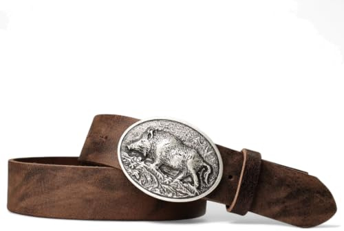 FRONHOFER Trachtengürtel Ledergürtel Echtleder 4 cm, Wildsau Gürtelschnalle Silber 7,5 x 6 cm, Lederhosen Gürtel Wechselschnalle Druckknopf, Bundweite 95-125 cm, Jagd Oktoberfest, Made in Germany