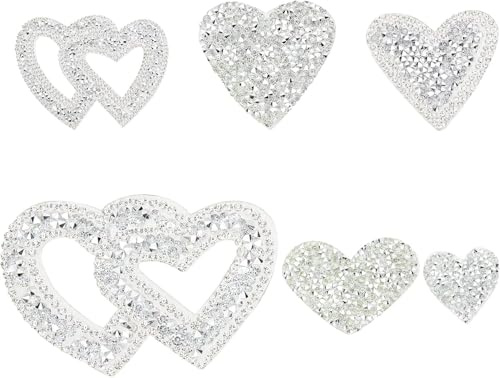 FINGERINSPIRE 6 Stück Herzform Strass Patches Applikation Valentinstag Silber Herz Strassapplikationen, Glänzende Herzform Kristall Applikation Dekoratives Zubehör für Kleidung Reparatur