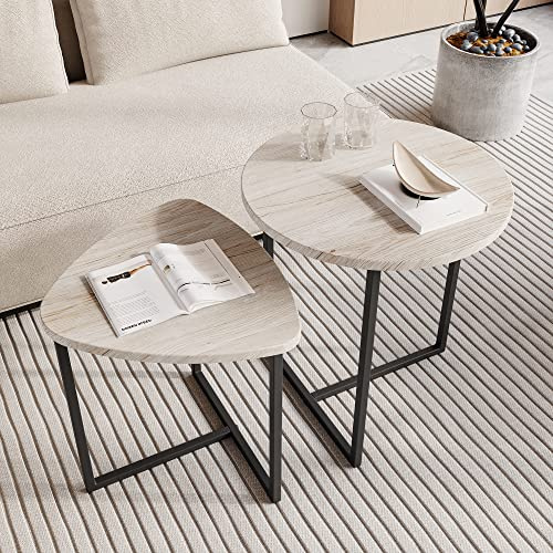 HOJINLINERO Runt soffbord set med 2, små soffbord vardagsrumsbord, metallram med träbord, soffa tebord för litet utrymme/vardagsrum/sovrum, stapla sidobord, svart + ek