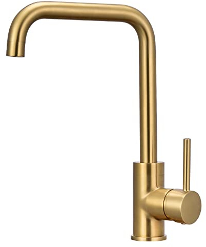 Kitchen Sink Mixer Tap Gold 360 Swivel Spout with Aerator Rectangle Design Single Lever Monobloc Faucet Mono Taps Mixers Brushed Gold Kitchen Mixer Taps 1 Hole in Gold