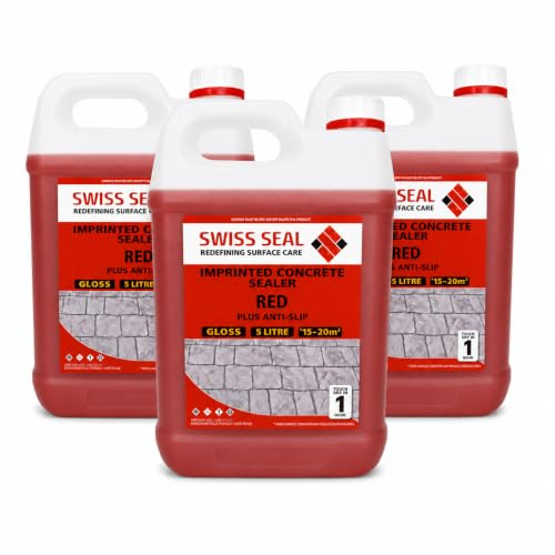 Swiss Seal | RED Coloured Imprinted Concrete Sealer GLOSS FINISH + ANTI-SLIP | Colour Tinted Driveway & Patio Sealant - Wet Look | Colour Tint Sealant For Outdoor Concrete Floor (3 x 5 Litre)
