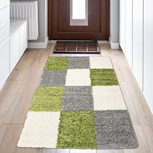 Teppich-Traum Shaggy Teppich Hochflor Karo Grün Grau Creme 60x110 cm | Kuschelig und weich, pflegeleicht, robust, langlebig, formstabil, saugrobotergeeignet, OEKO-TEX geprüft, Wohn- & Esszimmer