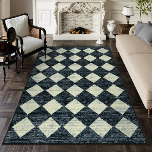 Lahome Machine Washable Area Rug 6x9, Soft Large Bedroom Rug Non Slip Living Room Rugs Dining Room Rugs for Under Table, Moroccan Trellis Printed Black and White Indoor Carpet for Den Dorm Playroom