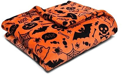 Bedlam - Halloween Fleece Blanket (120 x 150cm) - Super Soft & Cosy Fleece in Orange - Orange Spooky Bats & Skulls Throw Blanket - Halloween Blankets and Throws (Snuggy) - Halloween Decorations