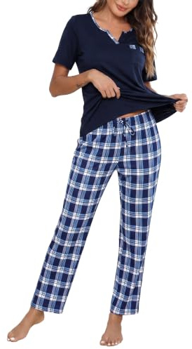 Bresdk Ensemble de Pyjama Femme Coton Vêtements de Nuit Haut à Manches Courtes de Couleur Unie Bas de Pyjama à Carreaux 2 Pièces | Le mélange de qualité supérieure offre une grande respirabilité, un stretch léger et un confort doux sur la