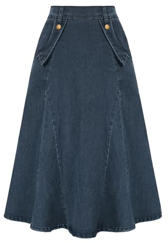 Belle Poque Women 50s A-line Denim Skirt Knee Length Elastic Waist Breathable Jean Skirt Denim Blue S