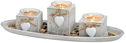 Spetebo Set di 8 portacandele con vassoio – Shabby bianco – Set da tavolo con pietre – Portacandele – Portacandela da tavolo con ghiaia