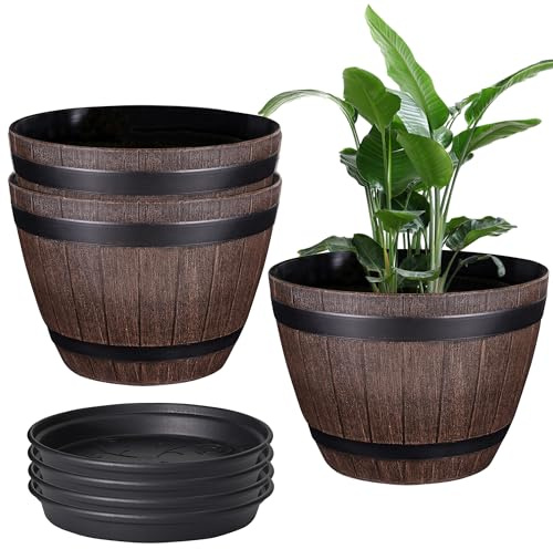 VECELO Plant Pots with Drainage Holes & Saucer, 13 Inch Flower Pots with Tray, 3 Pack Plastic Whiskey Barrel Planters for Indoor & Outdoor Garden Home Plants and Flowers