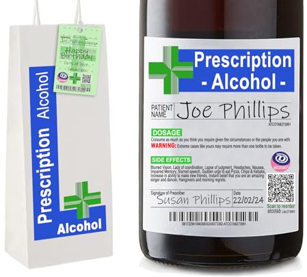 Funny Joke Prescription Wine Label & Gift Bag, Bottle Bag, Funny Secret Santa Gifts for Women & Men. Teacher Gifts, Prosecco Gifts for Women. Rude Birthday Gifts