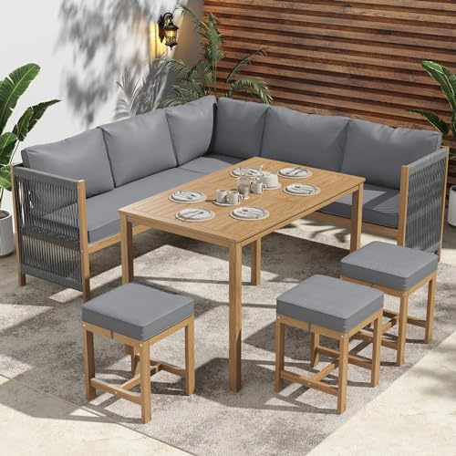 Kayan Gartenmöbel Set, Garten Essgruppe mit Esstisch, Hocker und Bequemen Kissen, Gartenlounge wetterfest bis 8 Personen, Outdoor Loungemöbel Sitzgruppe Essgruppe Terrassenmöbel Balkonmöbel, Grau