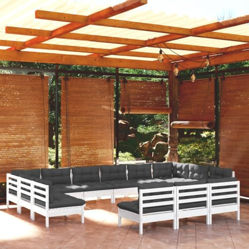 KTHLBRH Outdoor Lounge Garten möbel draußen Balkon Tisch und stühle 13-TLG. Garten-Lounge-Set mit Kissen Weiß Kiefer Massivholz