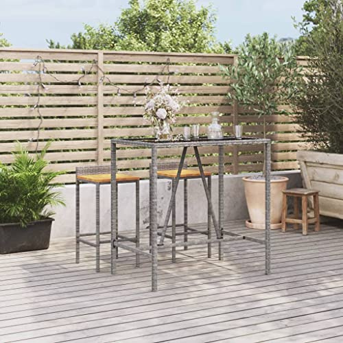 QZZCED Bartisch mit Glasplatte Grau 110x70x110 cm Poly Rattan, Balkon Esstisch Patio Tisch Garten Lounge Tisch Outdoor Tisch für Gärten, Terrassen, Balkone