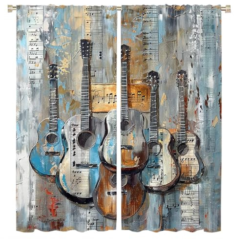 Brebasf Vintage Watercolor Instrument Guitar Privacy Blackout Curtains Rustic Mid Century Street Graffiti Art Music Guitar for Living Room, Bedroom Soft Curtains 2 Panels 63 L x 27.5 W