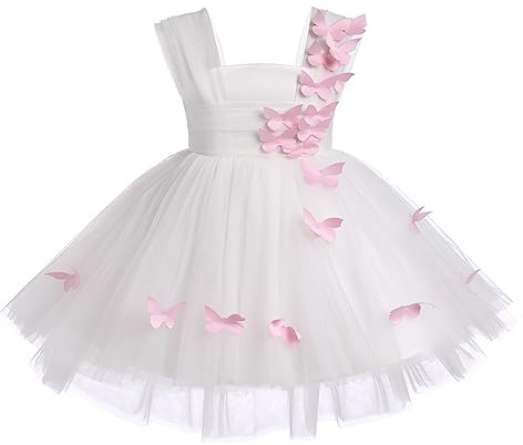 IDOPIP Bambin Fille Fleur Robe Enfant bébé a - Ligne Genou Papillon Dentelle Fleur brodée Princesse 1er Anniversaire fête sans Manches Tutu Robe Blanc 110
